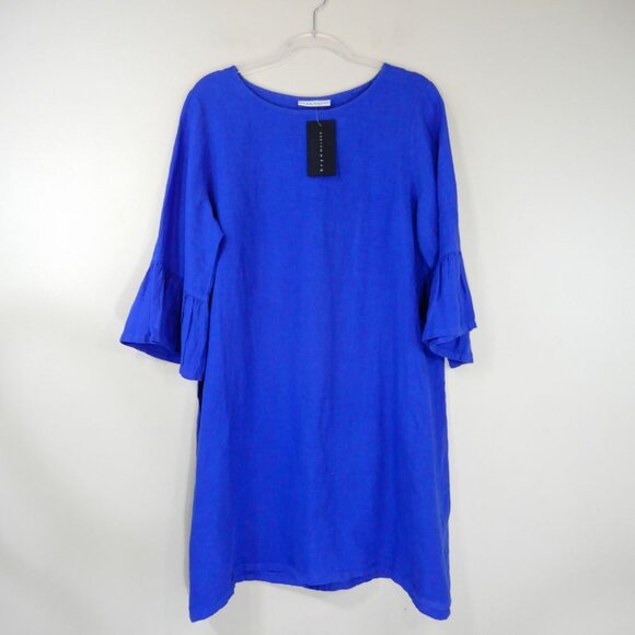 BRYN WALKER Phryne Shift DRESS Blue LINEN S M L Ruffled Bell Sleeve NEW $203 - Picture 3 of 7
